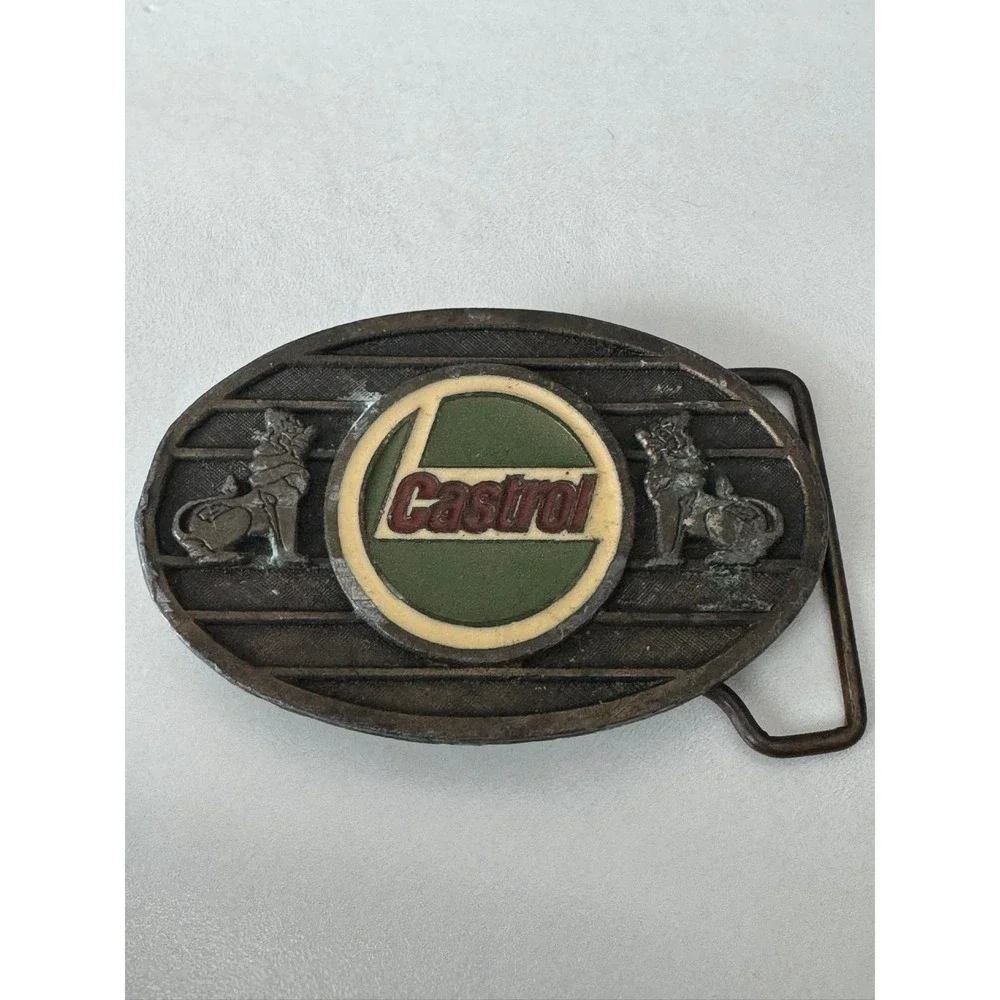 Vintage Castrol Oil Belt Buckle‎ Metal Automotive Racing Logo Lions Patina